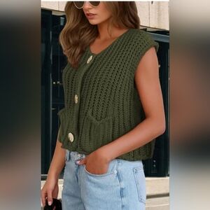 Chunky Knit Olive Green Vest with Gold Buttons